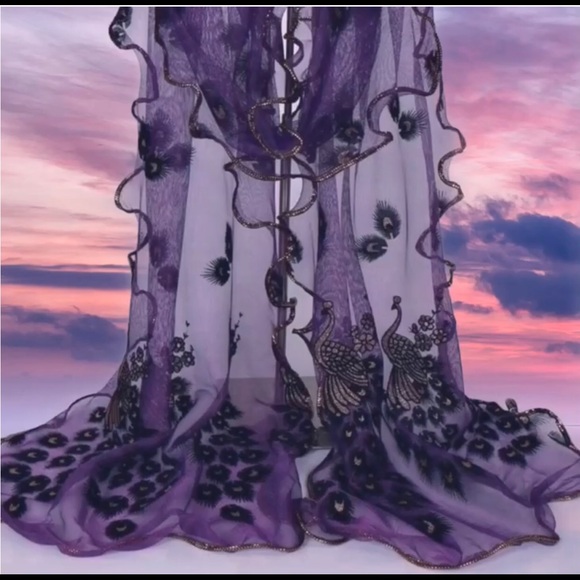 Parisian-style Gold-trim PURPLE Peacock Scarf - Picture 2 of 6